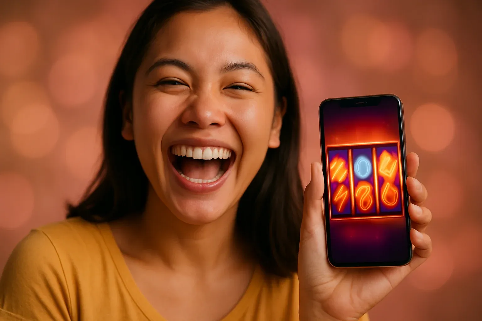 Young Filipino woman laughing, holding phone showing three glowing slot reels